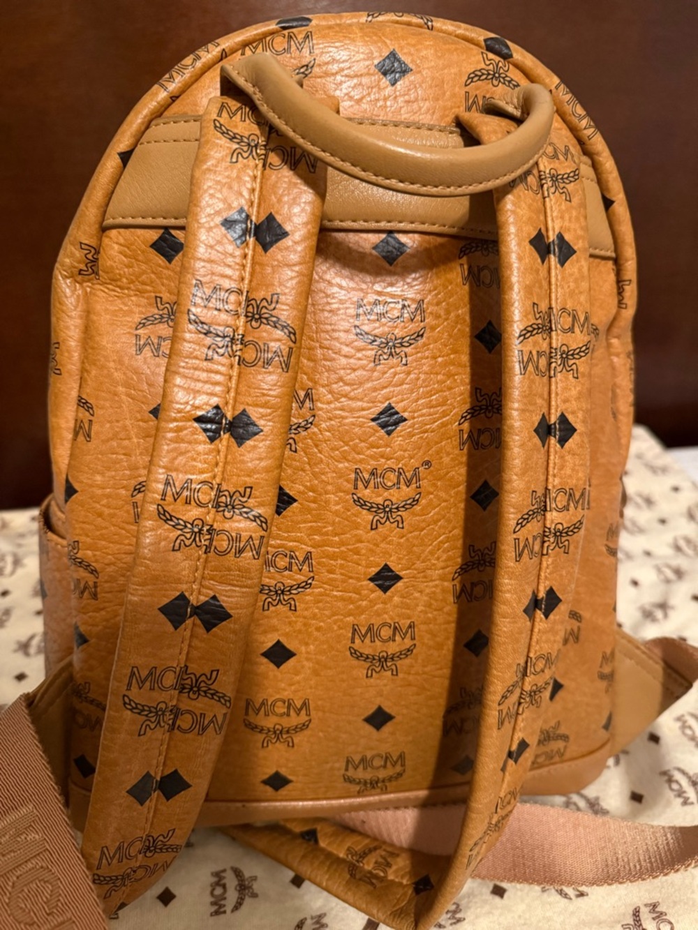 MCM Cognac Visetos Mini Backpack with Gold and Black Studs - Picture 4 of 11